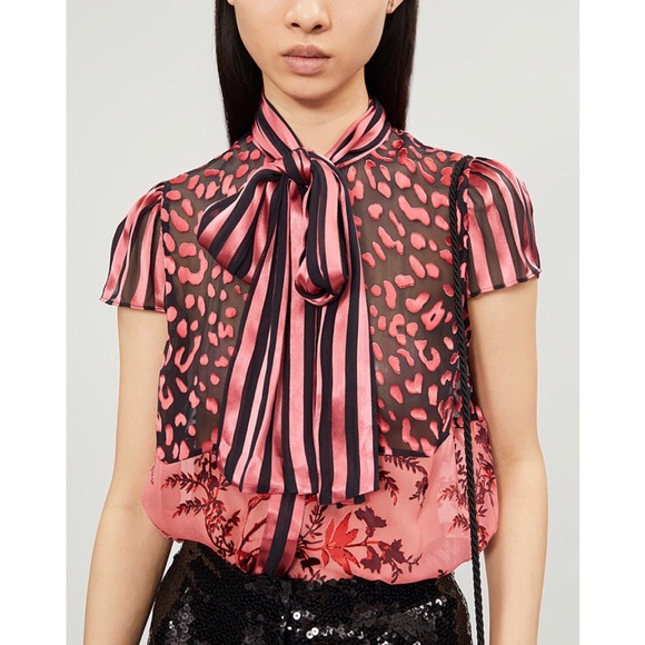 Alice + Olivia Tops - Alice + Olivia Jeannie Pink Stripe Leopard Bow Top